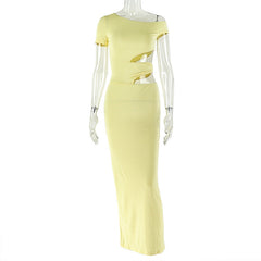 Irregular short sleeve hollow out one shoulder cut out maxi dress