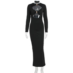 Long sleeve hollow out crewneck solid cut out midi dress