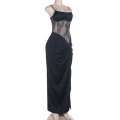 Square neck lace ruched slit cami maxi dress