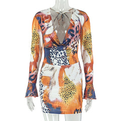 Cowl neck self tie print long flared sleeve mini dress