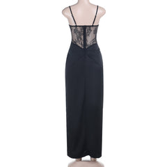Square neck lace ruched slit cami maxi dress