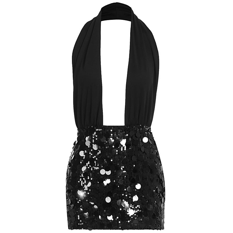 Halter glitter backless square neck mini dress