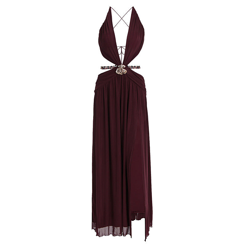 Beaded deep v neck slit cross back self tie maxi dress