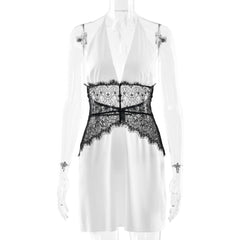 Halter self tie v neck lace zip-up mini dress