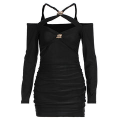 Cross front ruched long sleeve hollow out cut out mini dress