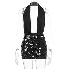 Halter glitter backless square neck mini dress