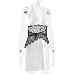Halter self tie v neck lace zip-up mini dress
