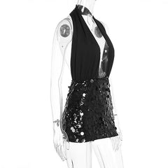 Halter glitter backless square neck mini dress