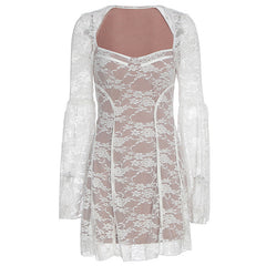 Long sleeve v neck lace patchwork mini dress