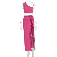 One shoulder irregular flower applique slit midi skirt set