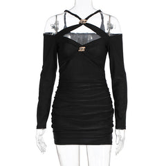 Cross front ruched long sleeve hollow out cut out mini dress