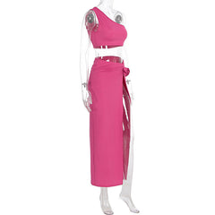 One shoulder irregular flower applique slit midi skirt set