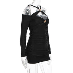 Cross front ruched long sleeve hollow out cut out mini dress