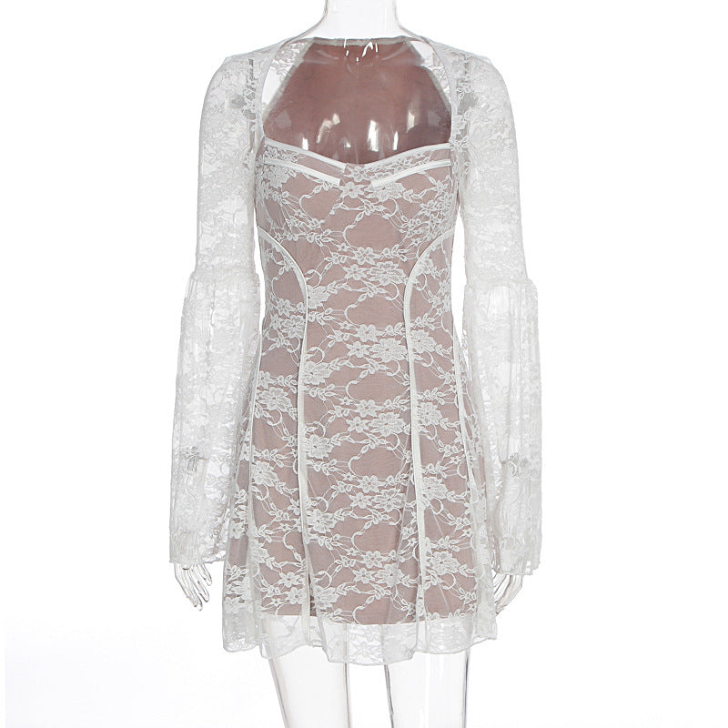 Long sleeve v neck lace patchwork mini dress
