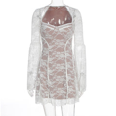Long sleeve v neck lace patchwork mini dress