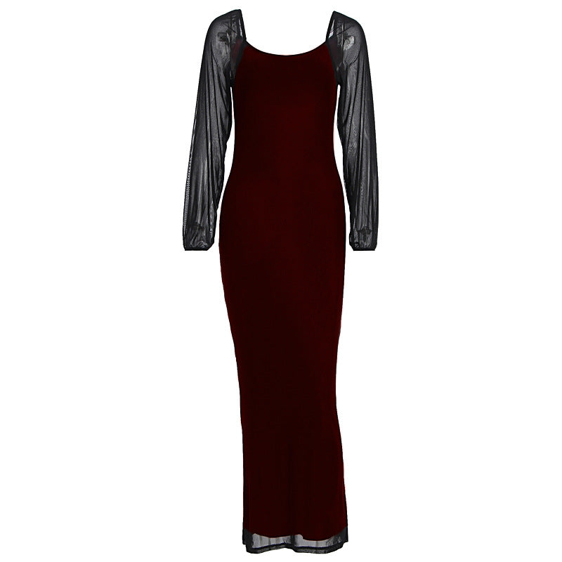 U neck long sleeve mesh slit midi dress