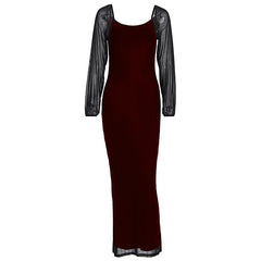 U neck long sleeve mesh slit midi dress