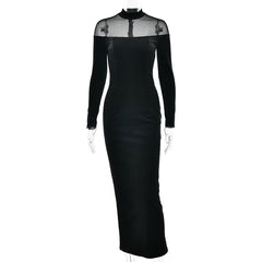 Long sleeve mesh zip-up crewneck midi dress