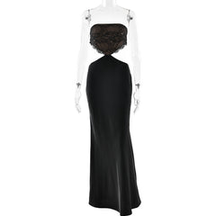 Lace hem zip-up backless tube maxi dress