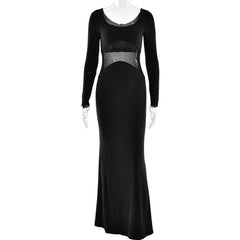 Long sleeve u neck mesh patchwork maxi dress