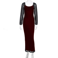 U neck long sleeve mesh slit midi dress
