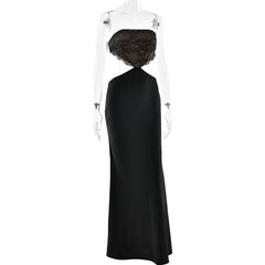 Lace hem zip-up backless tube maxi dress