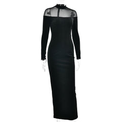 Long sleeve mesh zip-up crewneck midi dress
