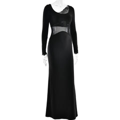 Long sleeve u neck mesh patchwork maxi dress