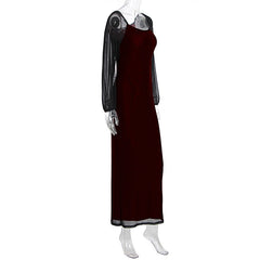 U neck long sleeve mesh slit midi dress