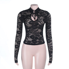 Self tie hollow out long sleeve lace solid cut out top