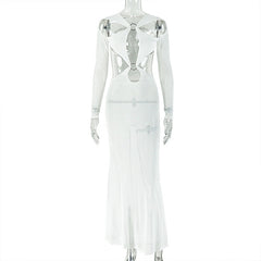 Hollow out o ring long sleeve mesh cut out maxi dress