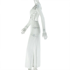 Hollow out o ring long sleeve mesh cut out maxi dress