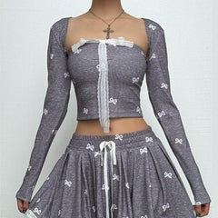 Long sleeve lace bowknot print square neck top