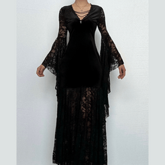 Long flared sleeve lace velvet beaded maxi dress