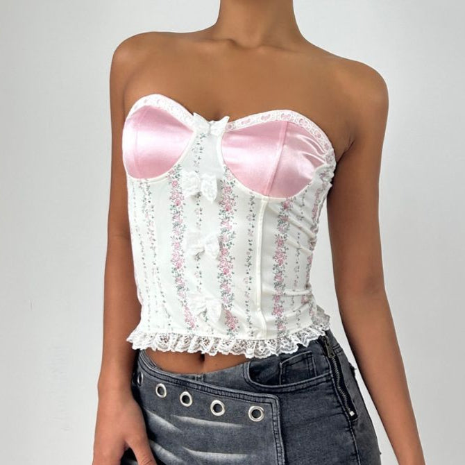 Lace hem bowknot flower print tube top