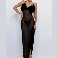 Fluffy v neck slit mesh irregular cami midi dress
