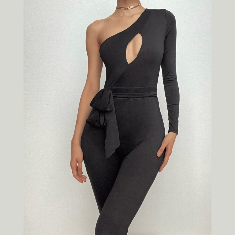 One shoulder hollow out irregular solid zip-up jumpsuit-final-sale