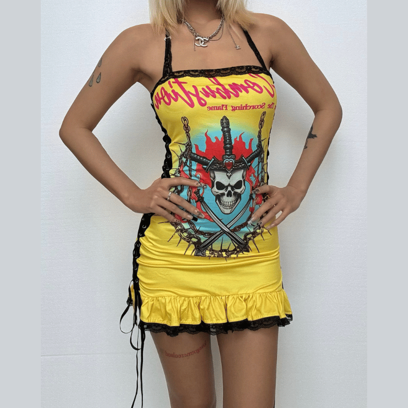 Halter lace hem abstract print lace up mini dress