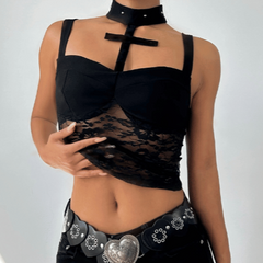 Halter lace button backless cami top