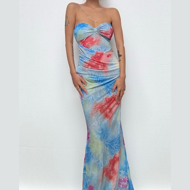 Hollow out one shoulder print irregular cut out maxi dress