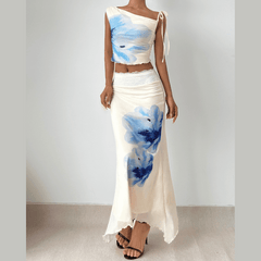 Off shoulder flower print lace hem maxi skirt set