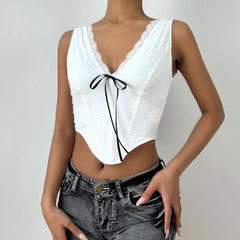 Lace hem v neck corset ribbon tank top
