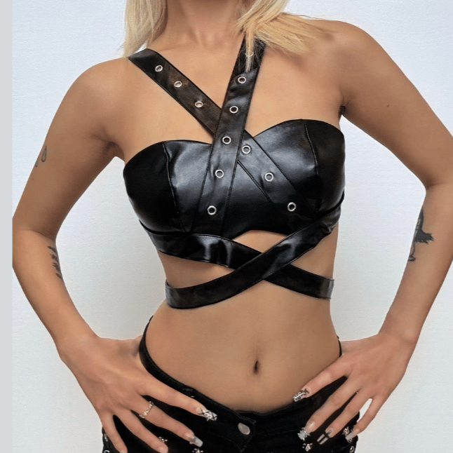 Cross front backless button PU leather hollow out crop cut out top