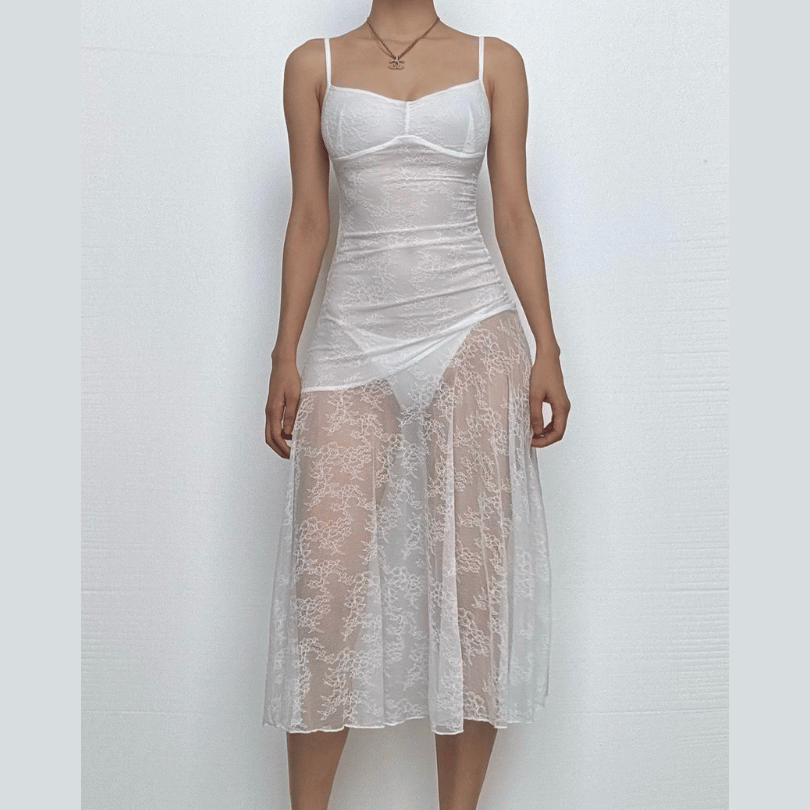 Lace ruched see through cami midi dress