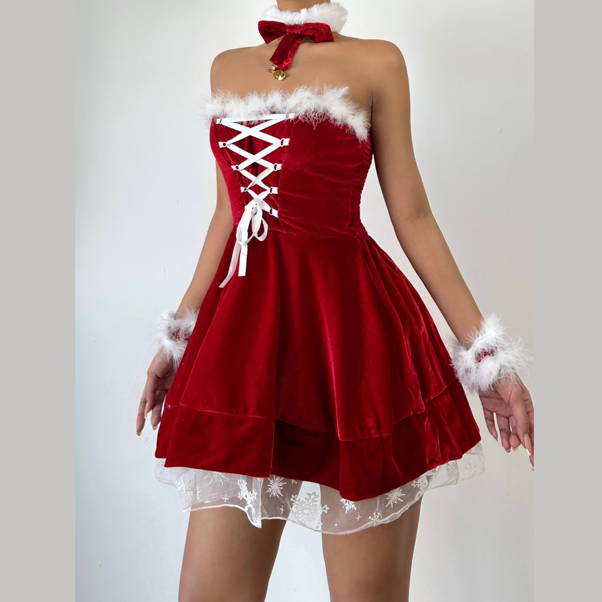 Fluffy lace up velvet backless tube mini dress