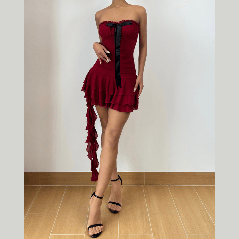 Bowknot ruffle mesh ruched mini dress