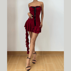 Bowknot ruffle mesh ruched mini dress