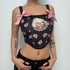 Flower print corset bowknot lace up cami top