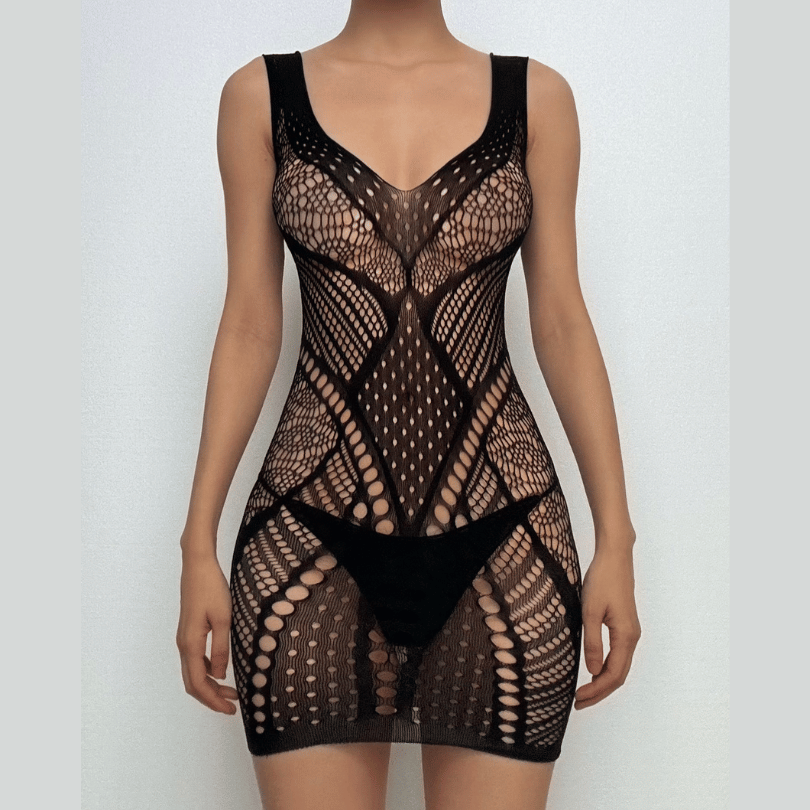 U neck net patchwork backless cami mini dress