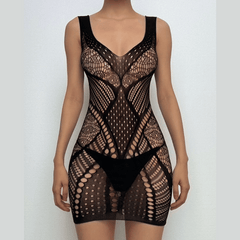 U neck net patchwork backless cami mini dress